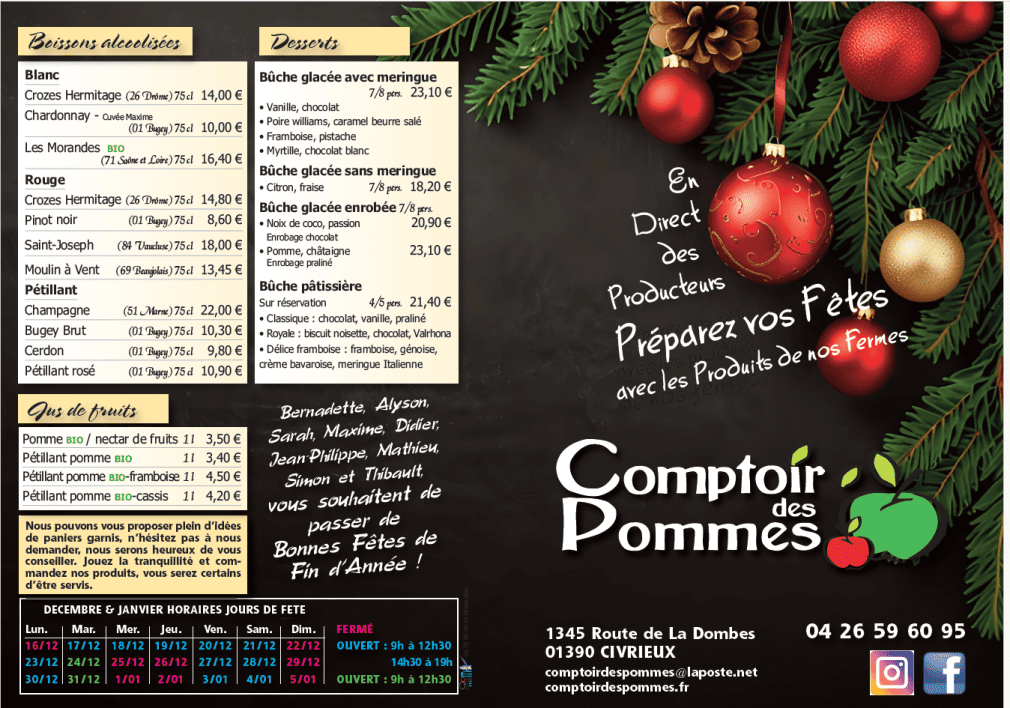 Menu de Noël du comptoir des pommes