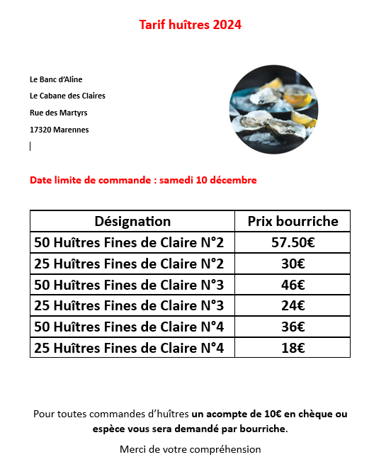 Tarif Huître 2024 comptoir des pommes